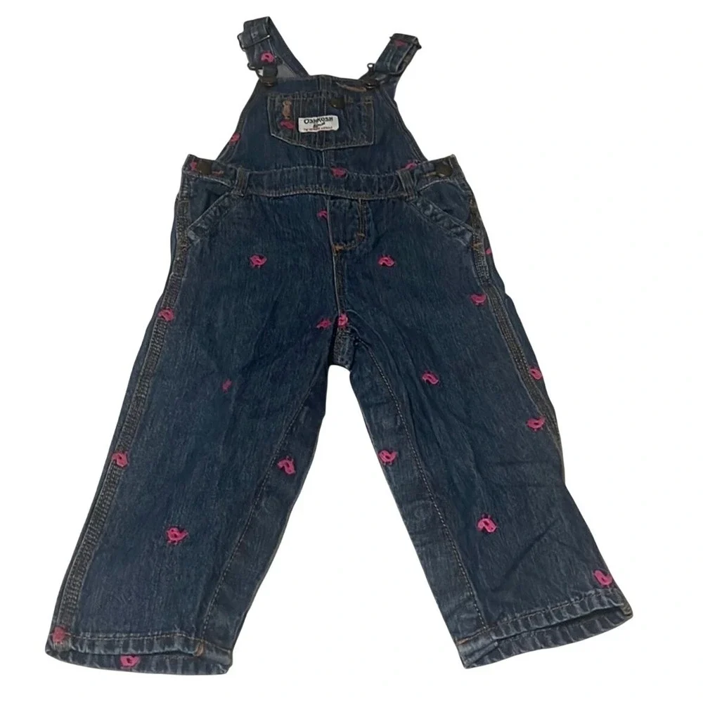 OshKosh 18M Denim Overalls Pink Bird Print‎ Toddler Girls Cute EUC